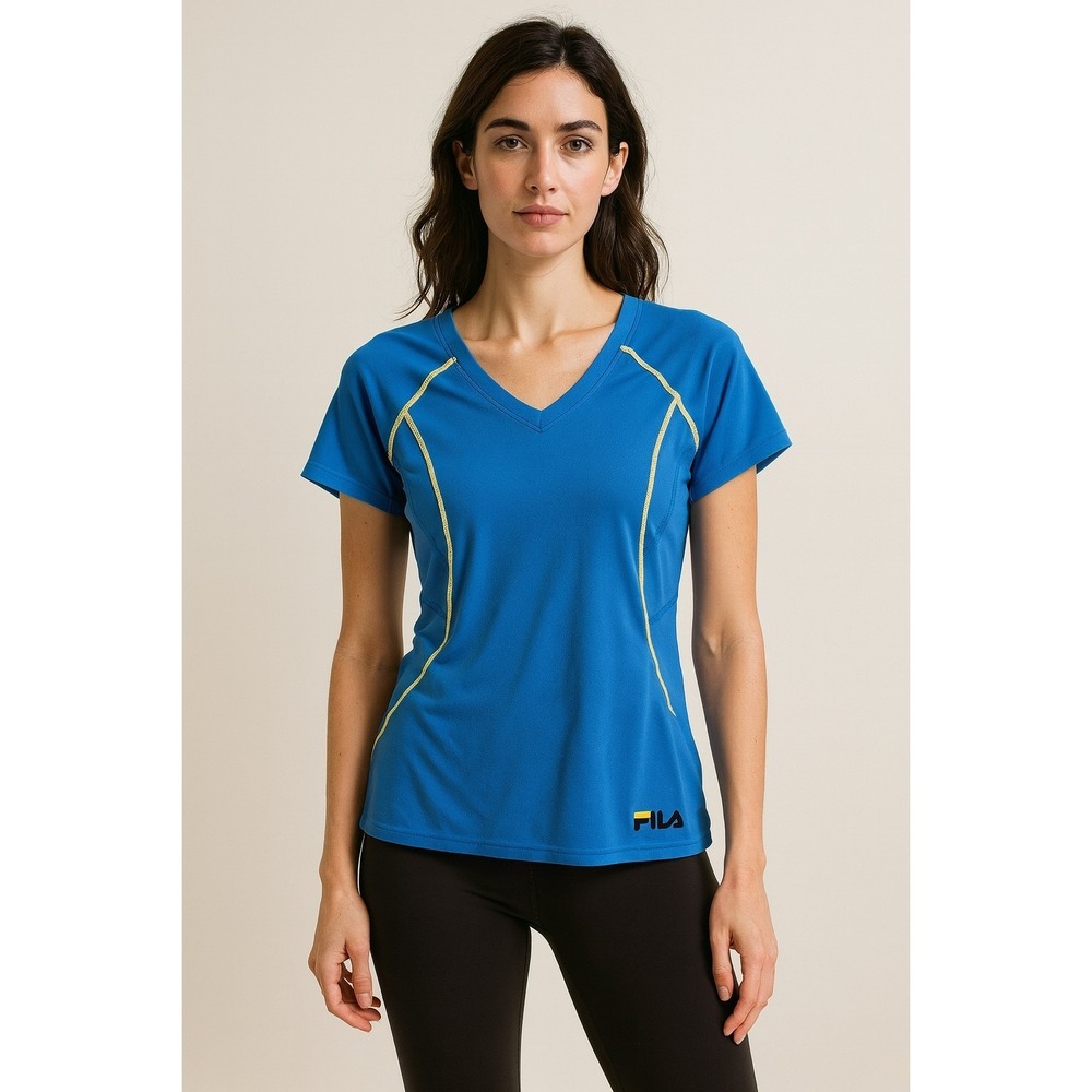 Fila Sport Women Shirt Sz LG Fitted UVProtection Wicking ElectricBlueNeon Yellow
